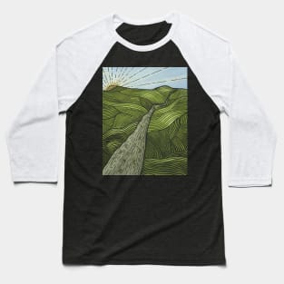 Green Hills and Sun Line Art Design Baseball T-Shirt